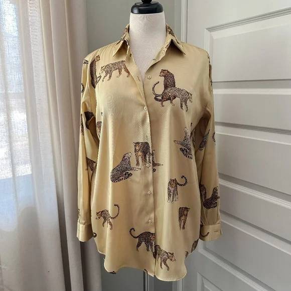 Zara Cheetah Button Down Satin Top - Picture 2 of 6